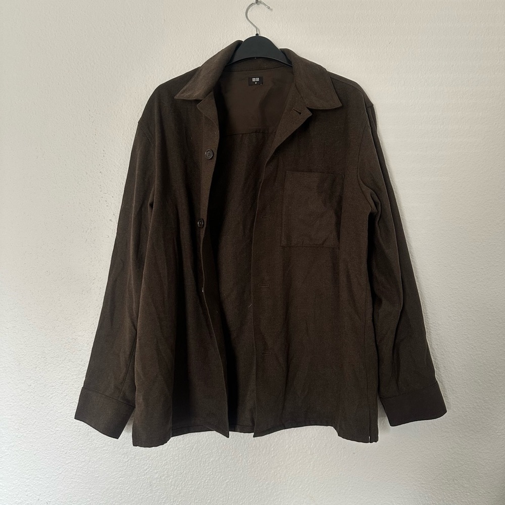 Uniqlo Brown Utility Soft Over Green Brown Long Button Down Jacket Top - Picture 2 of 4